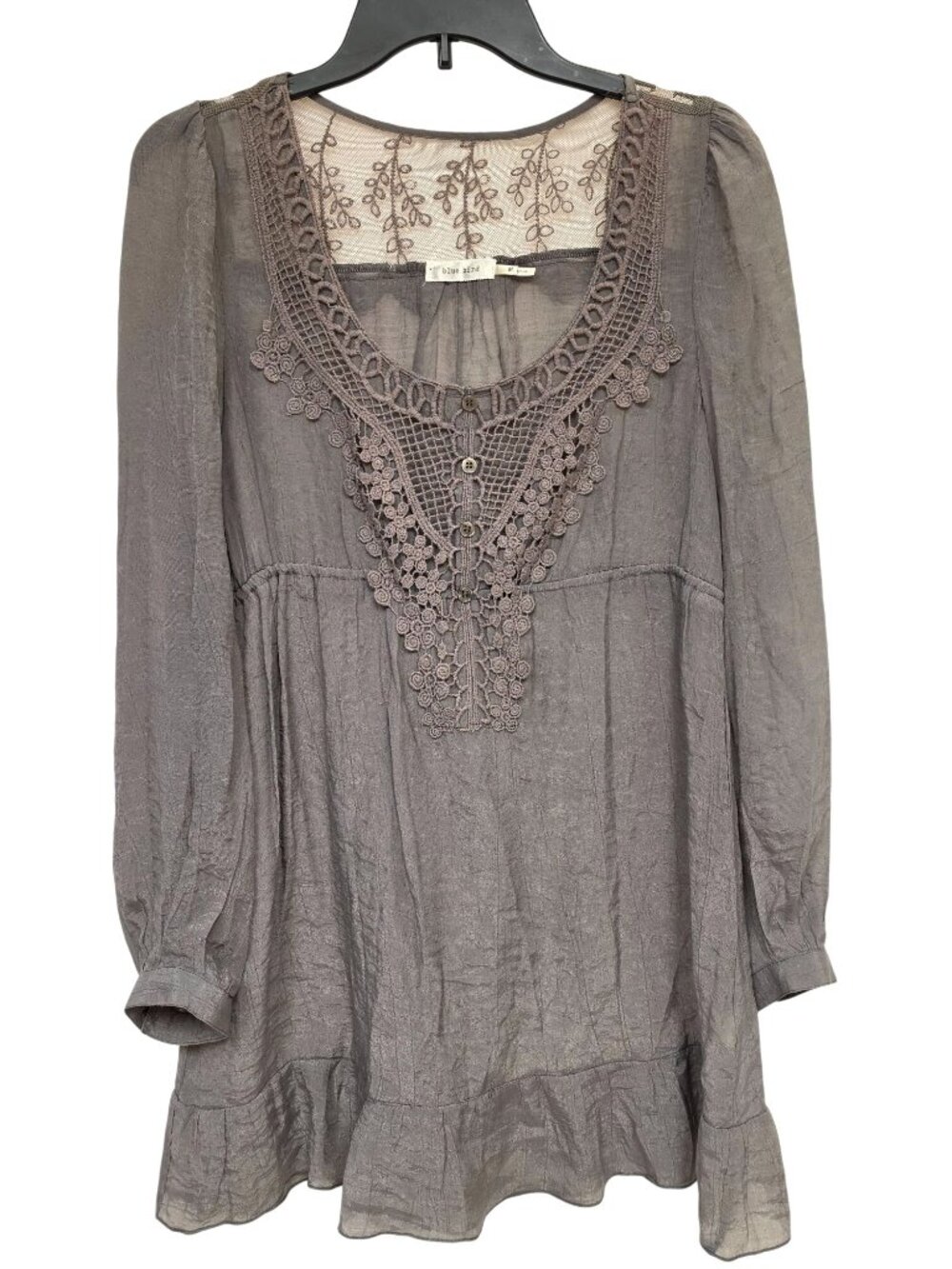 Blue Bird Gray Boho Babydoll Tunic Dress M Crochet Lace Ruffle Hem Fairy Grunge